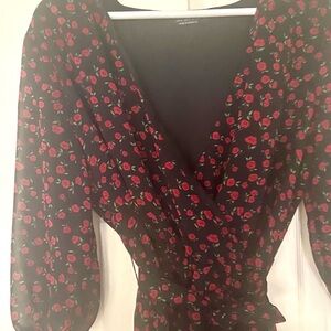 BERSHKA OG CREPE BLACK MIDI W/Rosette Motif-Fluted Front slit-size M/NWOT